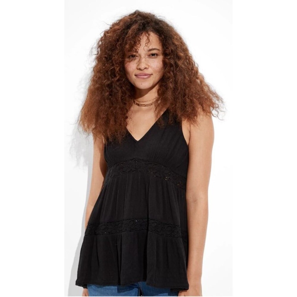 NWT AE Flowy Lace Tunic Tank Top Women’s Large Black V-Neck Lightweight Boho